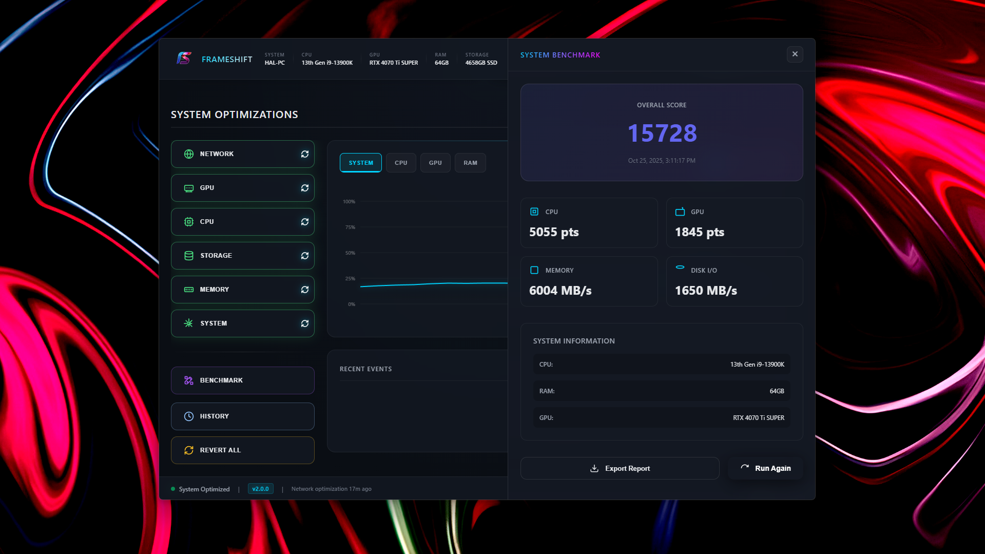 Benchmark interface showing all 4 tests with run buttons and progress indicators
