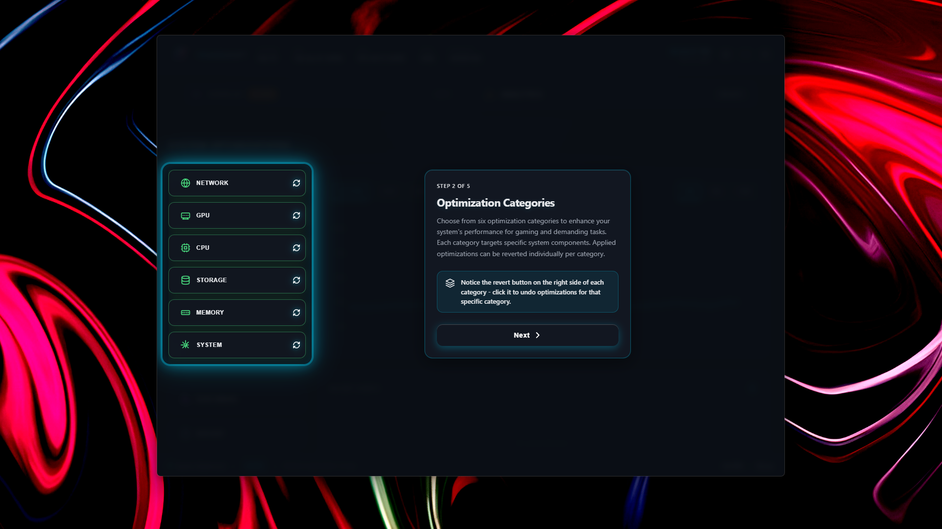 All 6 optimization categories with Apply/Revert buttons
