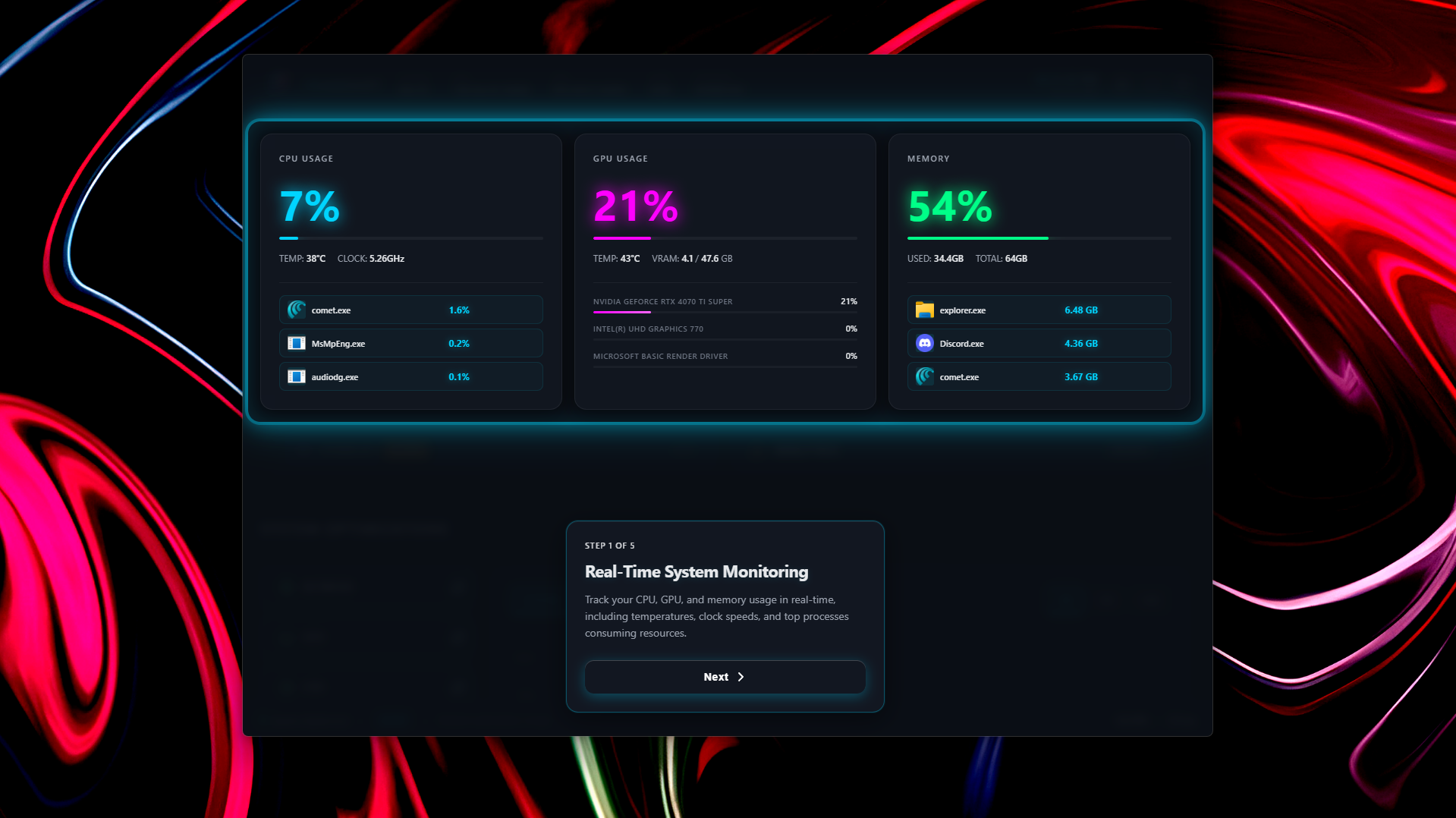 Tutorial walkthrough showing the first step highlighting the dashboard